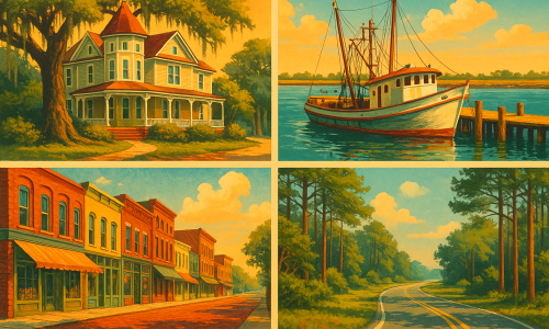 Collage illustration of small-town North Florida — Victorian houses under mossy oaks, Gulf Coast fishing boat, brick main street, winding river, and pine-lined country road. AI-generated for illustrative purposes.