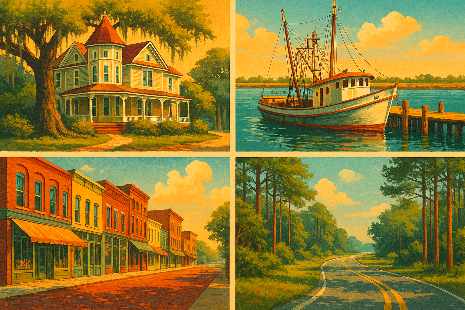 Collage illustration of small-town North Florida — Victorian houses under mossy oaks, Gulf Coast fishing boat, brick main street, winding river, and pine-lined country road. AI-generated for illustrative purposes.